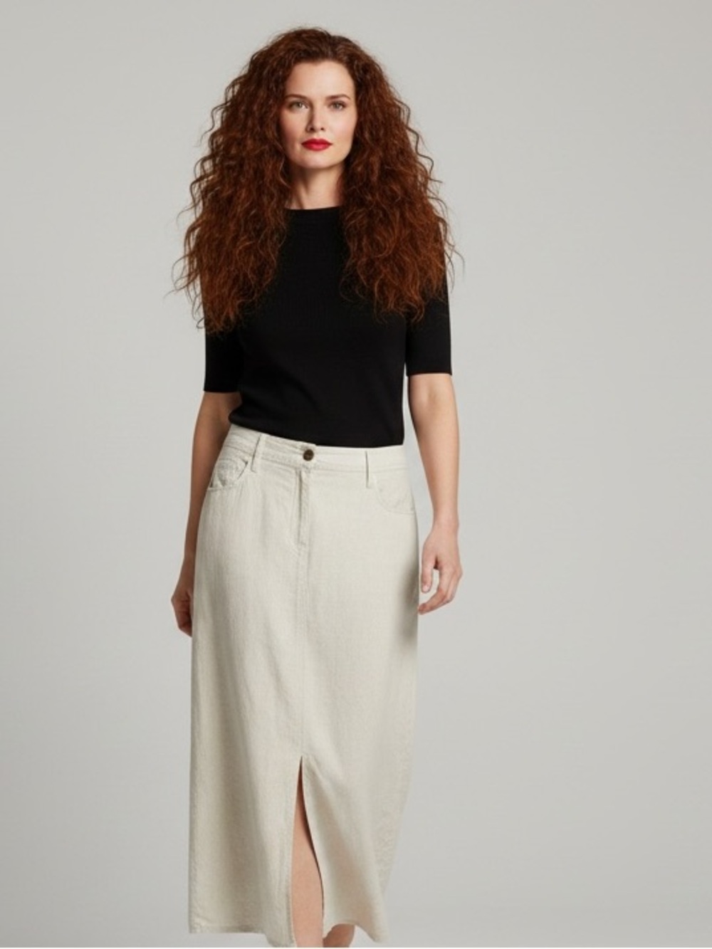 Soyaconcept Linen Blend Front Slit Maxi Skirt Cream White US 12 / EU 42